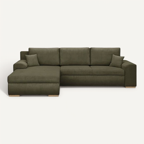 Canapé D'angle Convertible 5 Places Indian - Tissu Velours Côtelé Kaki - Coffre - 289x94/188x88cm