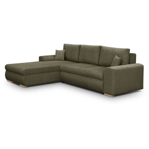 Canapé D'angle Convertible 5 Places Indian - Tissu Velours Côtelé Kaki - Coffre - 289x94/188x88cm