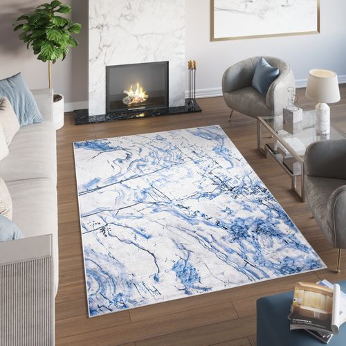 Tapis Salon Bleu Gris Écru Abstrait Marbré Fin 140x200 Toscana
