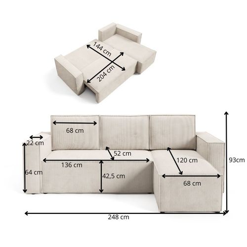 Canapé D'Angle Convertible Corda En Velours Côtelé - Crème