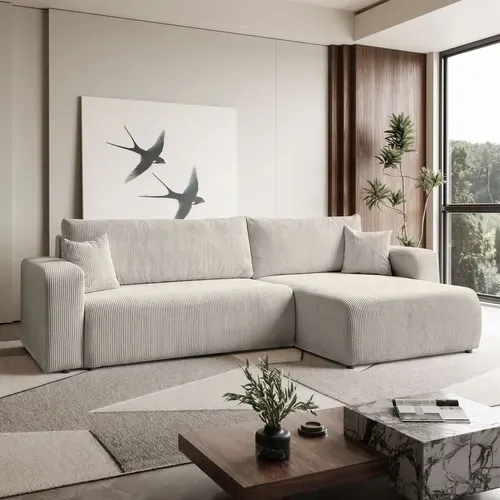 Canapé D’angle Convertible Senna En Velours Cotelé - Blanc Cassé