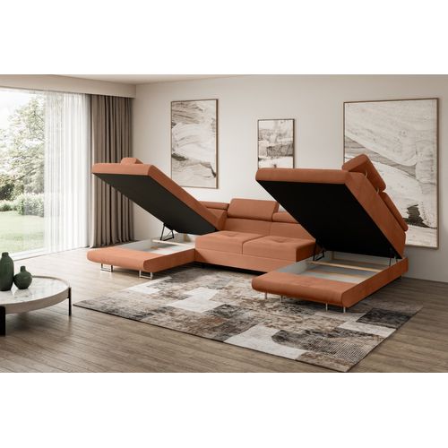 Canapé D'angle Convertible Gusa-u 342x202x107, Angle Panoramique, Velours - Abricot