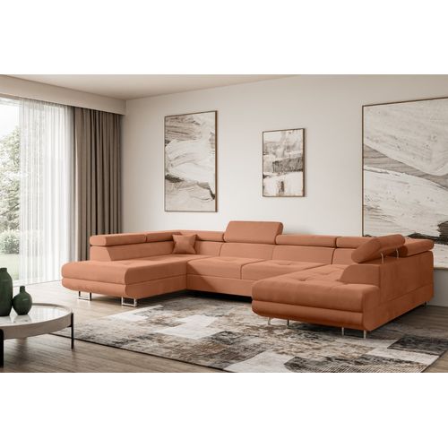 Canapé D'angle Convertible Gusa-u 342x202x107, Angle Panoramique, Velours - Abricot