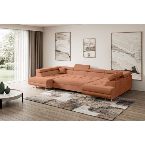 Canapé D'angle Convertible Gusa-u 342x202x107, Angle Panoramique, Velours - Abricot