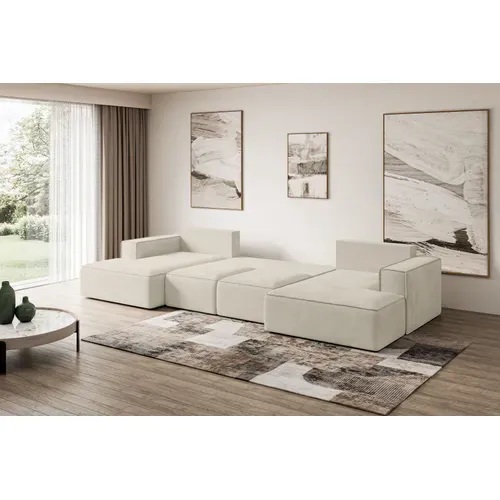 Canapé D'angle Convertible Sierra-u 349x161x87 Panoramique En Velours - Paros 01 - Beige