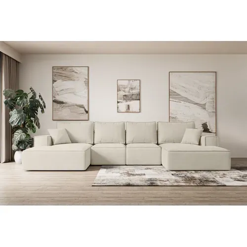 Canapé D'angle Convertible Sierra-u 349x161x87 Panoramique En Velours - Paros 01 - Beige