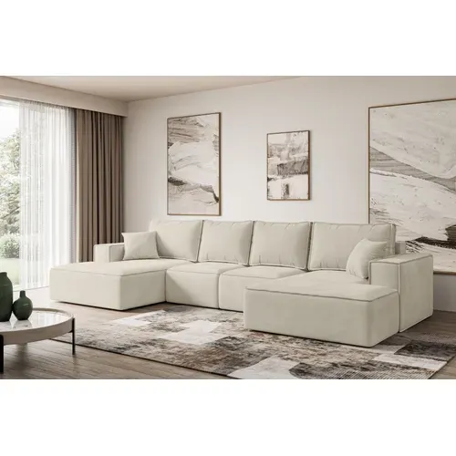 Canapé D'angle Convertible Sierra-u 349x161x87 Panoramique En Velours - Paros 01 - Beige