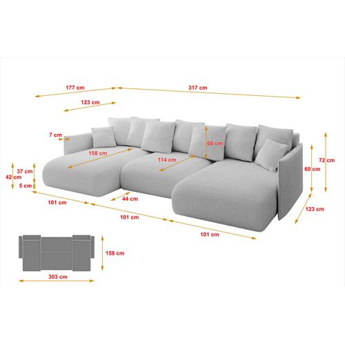 Canapé D'angle Convertible Onesk-u 317x177x72  Angle Panoramique En Bouclette - Gris Clair