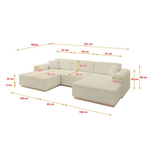 Canapé D'angle Irea-u1 301x165x80  Panoramique En Tissu - Beige