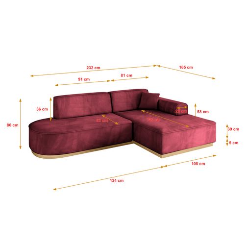 Canapé D'angle Irea-l1-v2 232x165x80  Angle Droit En Velours  -  Rouge Bordeaux
