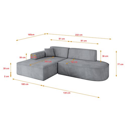 Canapé D'angle Irea-l1-v3 232x165x77 Angle Gauche En Velours - Gris