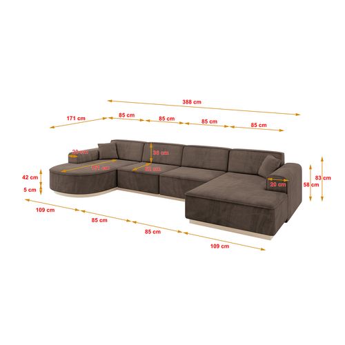 Canapé D'angle Arrio-u2 388x171x83  Angle Panoramique En Velours  -  Marron