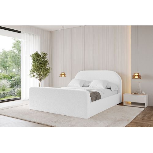 Lit Tapissé Avec Tête De Lit Tissu Bouclé - Tivon-z 140x200 Cm Blanc