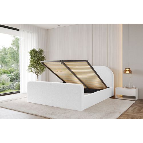 Lit Tapissé Avec Tête De Lit Tissu Bouclé - Tivon-z 140x200 Cm Blanc