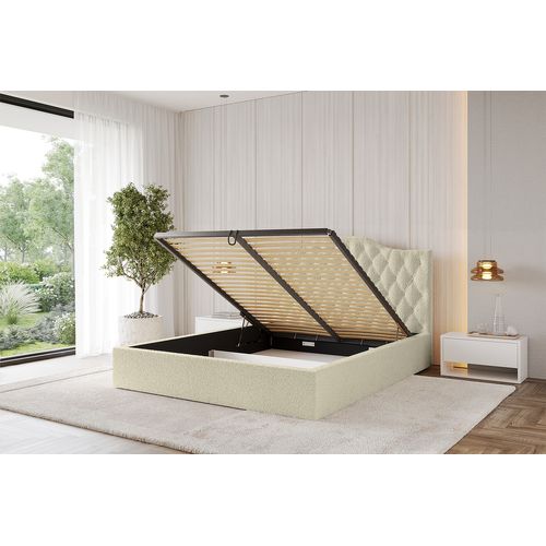 Lit Tapissé Avec Tête De Lit Tissu Bouclé - Falio 140x200 Cm Beige