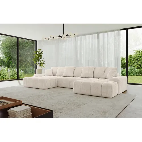 Canapé D'angle Convertible Ensi-u 353x164x69  Panoramique En Tissu - Beige