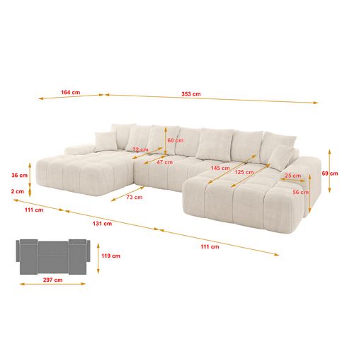Canapé D'angle Convertible Ensi-u 353x164x69  Panoramique En Tissu - Beige