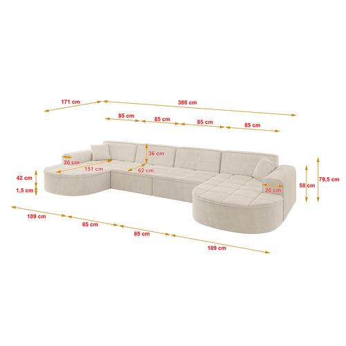 Canapé D'angle Taro-u2 388x171x79,5 Angle Panoramique En Tissu - Beige