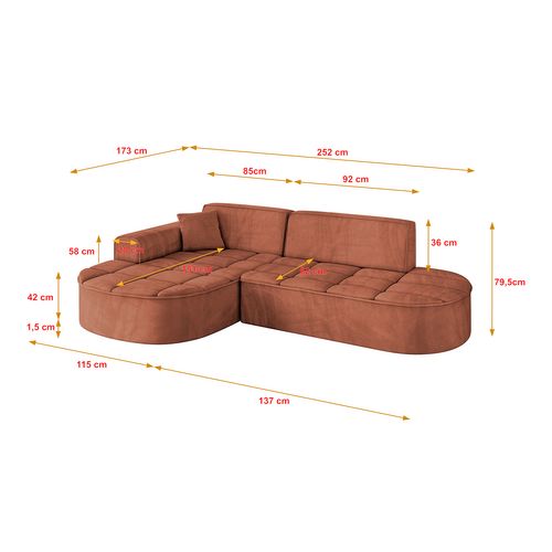 Canapé D'angle Livo-l1 252x173x79,5  Angle Gauche En Velours  -  Apricot