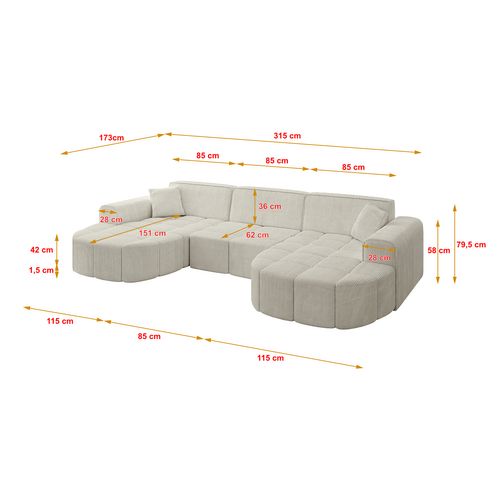 Canapé D'angle Livo-u1 315x173x79,5 Angle Panoramique En Tissu - Crémeux