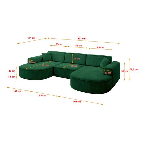 Canapé D'angle Mari-u1 295x171x79,5  Panoramique En Velours - Vert