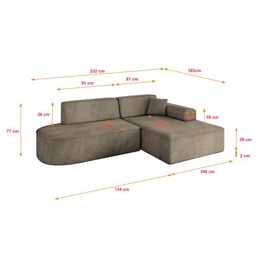 Canapé D'angle Irea-l1-v3 232x165x77  Angle Droit En Velours -  Marron