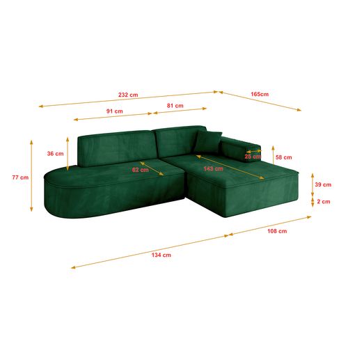 Canapé D'angle Irea-l1-v4 232x165x77  Angle Droit En Velours -  Vert