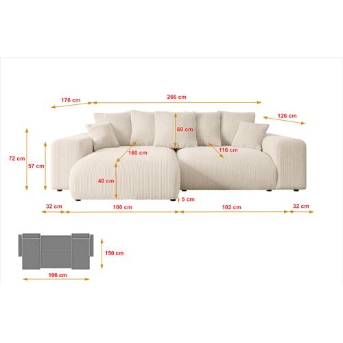 Canapé D'angle Convertible Eskar-l 266x176x84 Angle Gauche En Tissu - Beige Sable