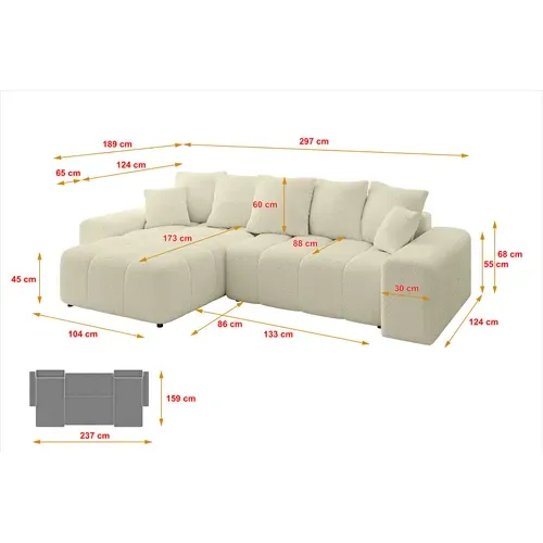 Canapé D'angle Convertible Enil-l 297x189x68  Angle Gauche En Bouclette - Beige