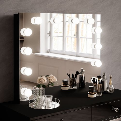 Coiffeuse Blanco Loft Elite Avec Miroir Et Éclairage, Blanc / Noir Brillant, Poignée Cristal Blanc