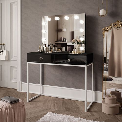 Coiffeuse Blanco Loft Elite Avec Miroir Et Éclairage, Blanc / Noir Brillant, Poignée Cristal Blanc
