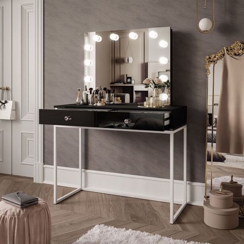 Coiffeuse Blanco Loft Elite Avec Miroir Et Éclairage, Blanc / Noir Brillant, Poignée Cristal Blanc