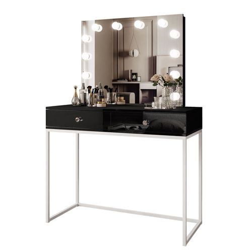 Coiffeuse Blanco Loft Elite Avec Miroir Et Éclairage, Blanc / Noir Brillant, Poignée Cristal Blanc