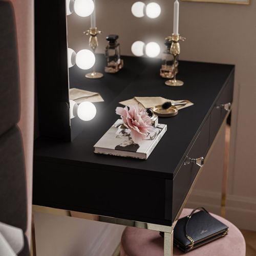 Coiffeuse Blanco Elite Avec Miroir Et Éclairage, Or Chromé, Noir Brillant, Poignée Cristal Blanc