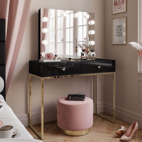 Coiffeuse Blanco Elite Avec Miroir Et Éclairage, Or Chromé, Noir Brillant, Poignée Cristal Blanc