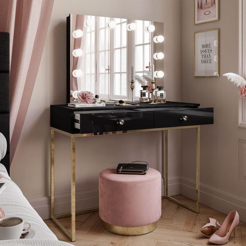 Coiffeuse Blanco Elite Avec Miroir Et Éclairage, Or Chromé, Noir Brillant, Poignée Cristal Blanc