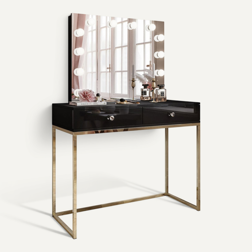 Coiffeuse Blanco Elite Avec Miroir Et Éclairage, Or Chromé, Noir Brillant, Poignée Cristal Blanc