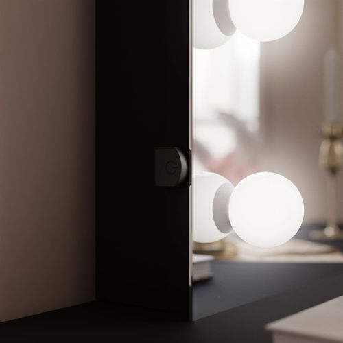 Coiffeuse Blanco Elite Avec Miroir Et Éclairage, Or Chromé, Noir Brillant, Poignée Cristal Blanc