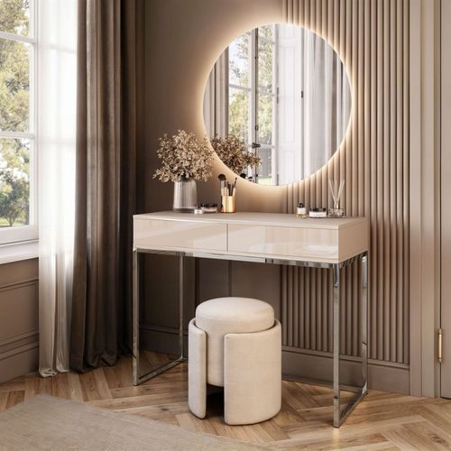 Coiffeuse Blanco Glamour Kaschmir Sur Structure Chromée Avec Miroir LED, Push Open
