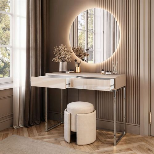 Coiffeuse Blanco Glamour Kaschmir Sur Structure Chromée Avec Miroir LED, Push Open