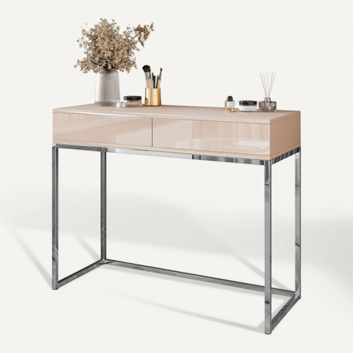 Coiffeuse Blanco Glamour Kaschmir Sur Structure Chromée Avec Miroir LED, Push Open