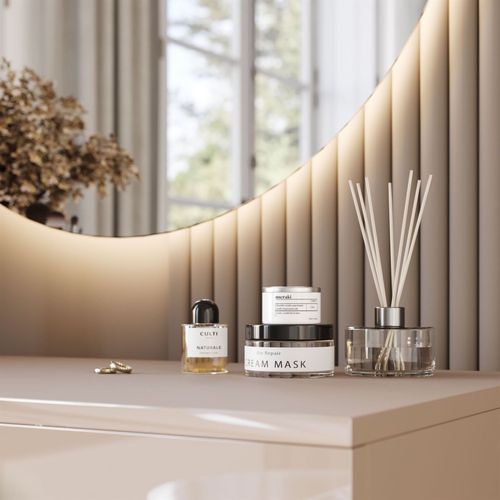Coiffeuse Blanco Glamour Sur Structure Kaschmir Avec Miroir LED, Poignée Dorée