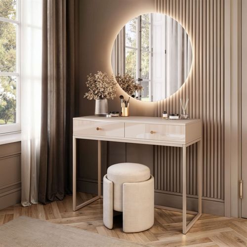 Coiffeuse Blanco Glamour Sur Structure Kaschmir Avec Miroir LED, Poignée Dorée