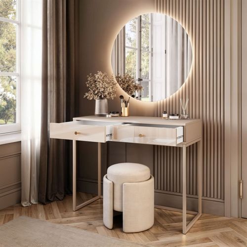Coiffeuse Blanco Glamour Sur Structure Kaschmir Avec Miroir LED, Poignée Dorée
