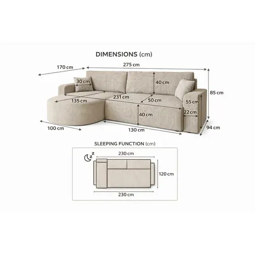Canapé D'angle Réversible Convertible Avec Fonction De Couchage Velours Côtelé Cuivre Kimo Xl