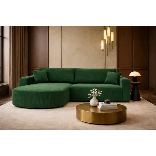 Canapé D’angle XL Réversible Et Convertible Boss Velours Côtelé Vert Bouteille Avec Coffre