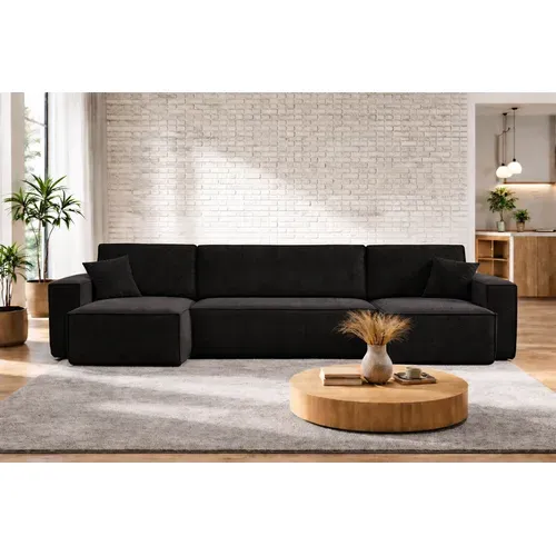 Canapé D’angle En U Carlos U Convertible Noir Fonction Couchage, Coffre De Rangement XXL