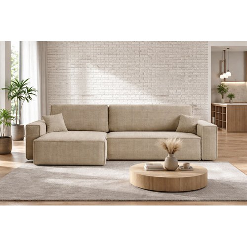 Canapé D’angle Convertible Réversible Carlos XL  Velours Côtelé Beige Fonction Couchage