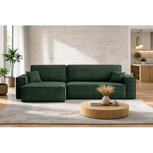 Canapé D’angle Convertible Réversible Carlos XL – Velours Côtelé Vert Bouteille Fonction Couchage