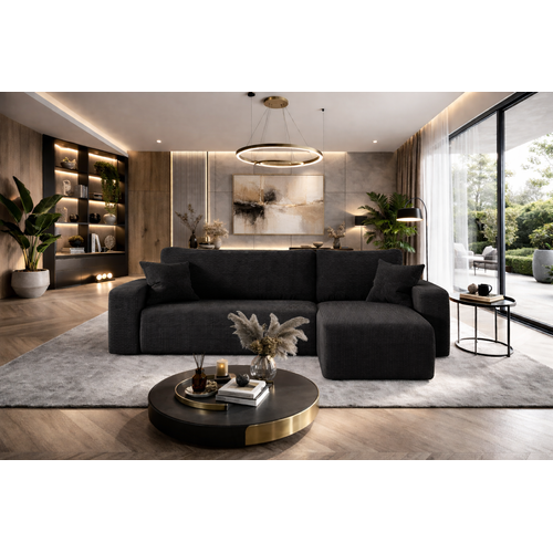 Canapé D’angle Réversible Pianioo L Convertible – Velours Côtelé Noir, Fonction Couchage